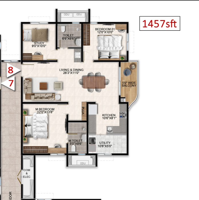 Apartment 3D floor plan, 2 BHK + Study, 1,457 sq ft